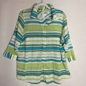 CJ Banks Multi-color Striped 3/4 Sleeve Button Up Gauzy Crinkle Cotton Size 2X
